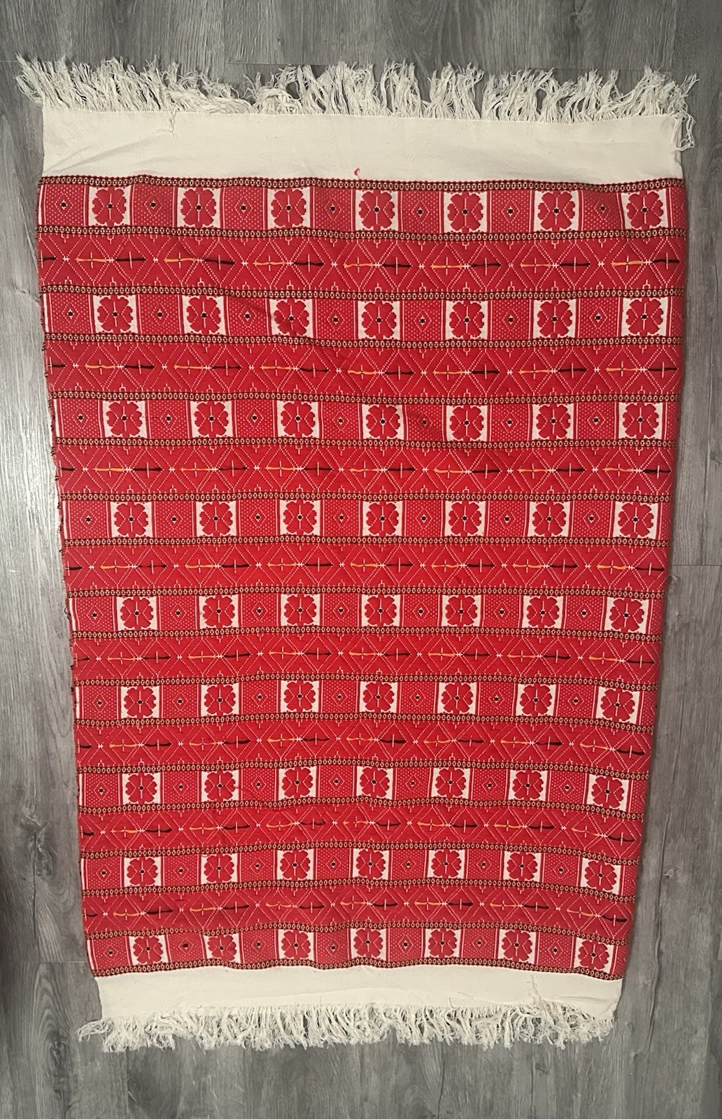 Vintage Yugoslavia Croatian Woven Cotton Blanket Throw Red White Fringe 
