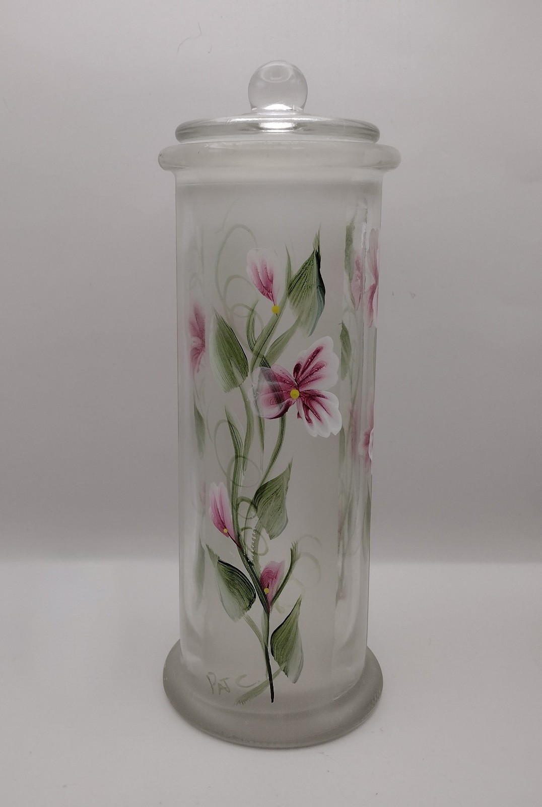 Vintage Ann\'s House of Nuts Hand Painted Flowers Clear Glass Apothecary Jar 9.5”