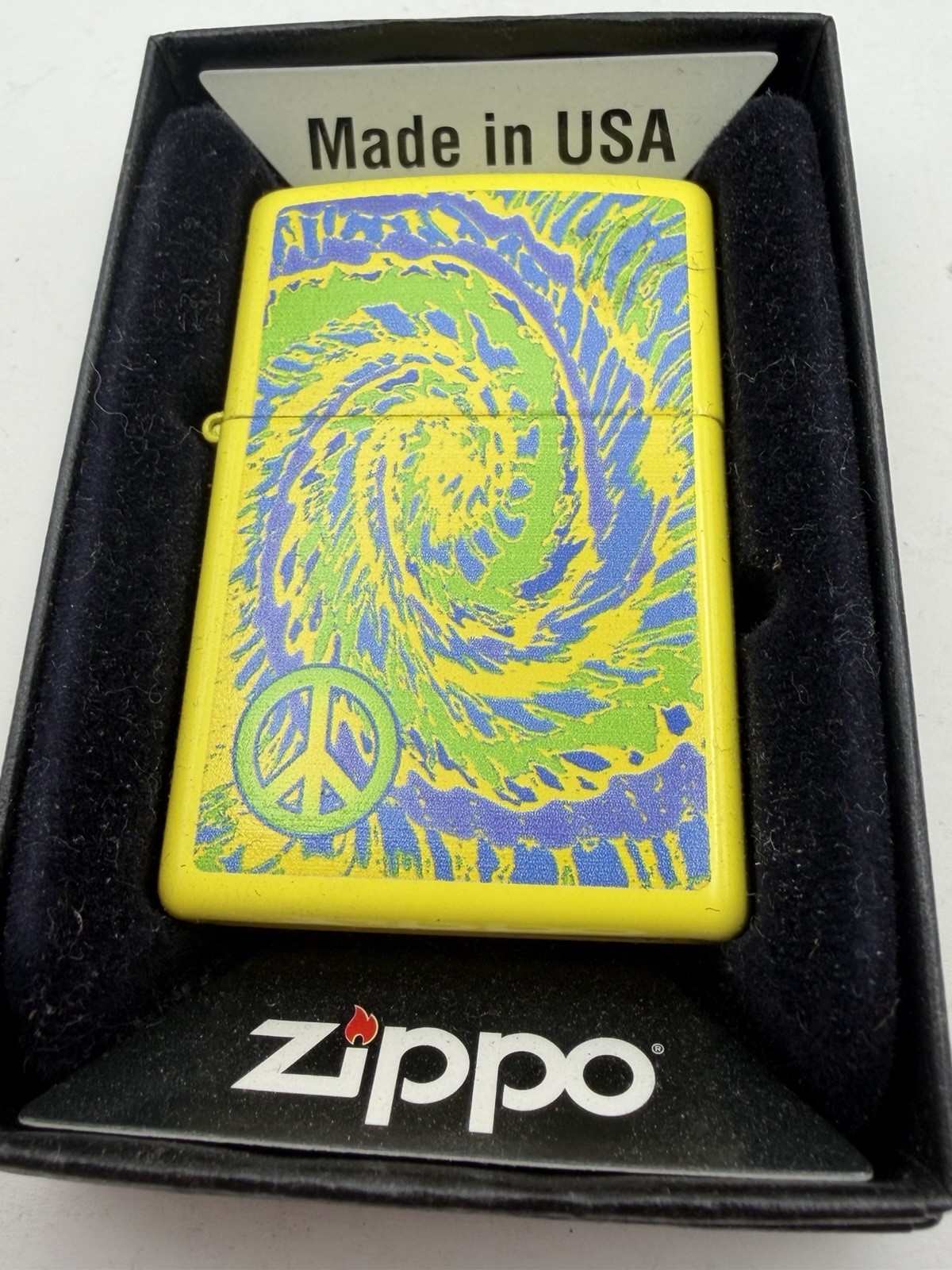 Vintage 2015 Peace Sign Tie Dye Yellow Matte Zippo Lighter NEW B58