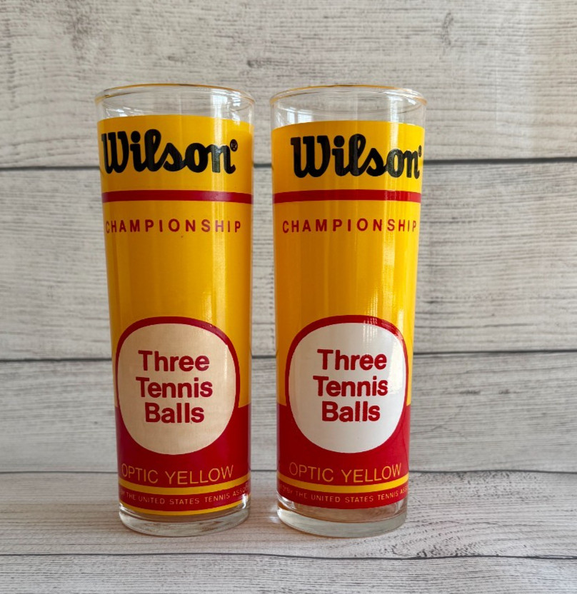 Vintage Wilson 1970\'s Three Tennis Balls Yellow High-Ball Glassware Two Pc Set