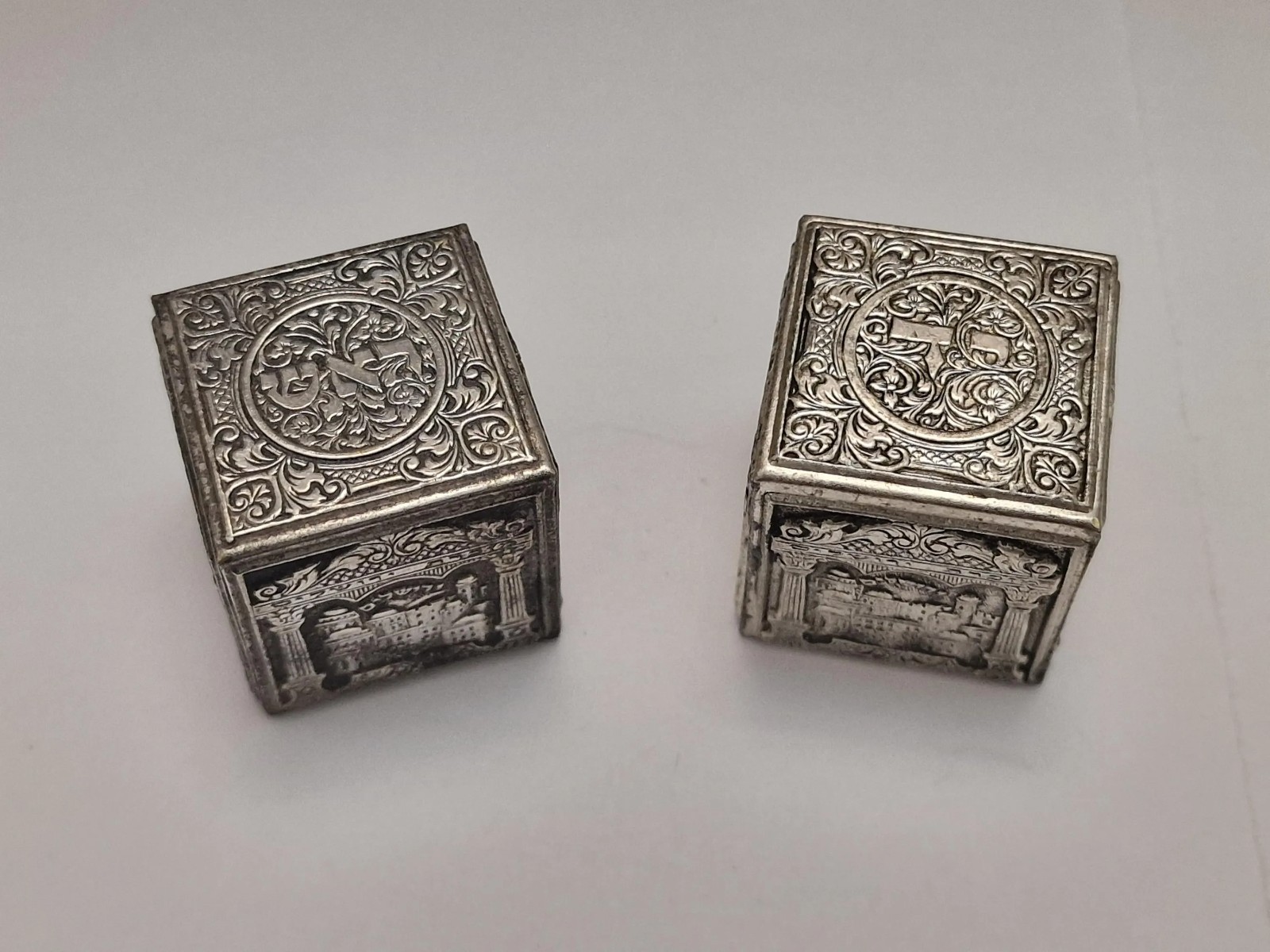 Vintage Silver Plated Tefillin Cases Set, Judaica Phylacteries Covers, Jerusalem