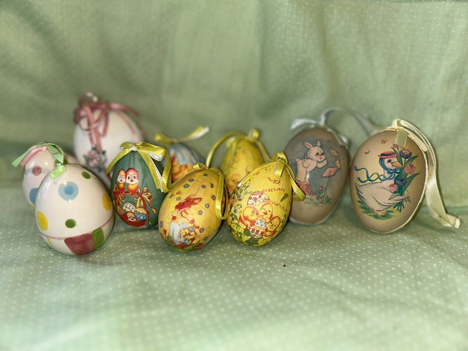 Vintage Easter Egg Decorations 10 Eggs, 2 Glass 7 decoupage eggs & 1 Silk Used