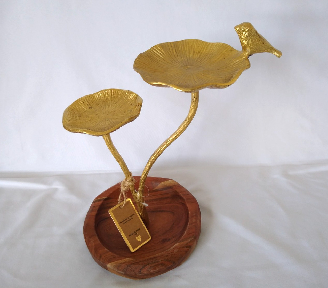 Bird on Lily Pads Wood Stand India Artisan Jewelry Trinket Holder Metallic Gold