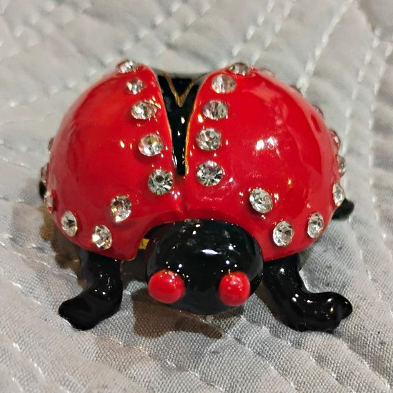 Adorable Bejeweled Enameled Ladybug Hinged Trinket Box 
