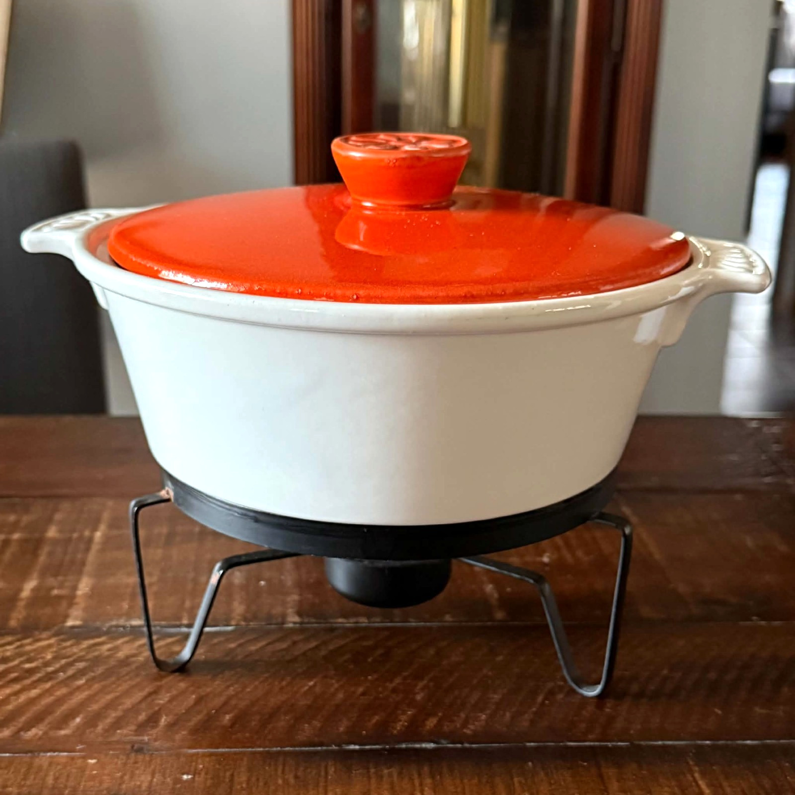 California Pottery Casserole Dish S53 Lid Stand Mid Century Orange White VTG