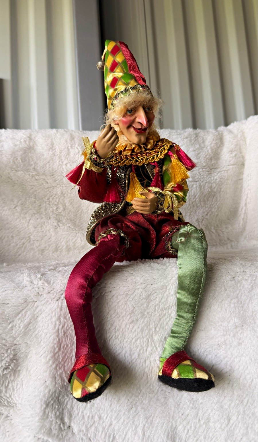 Vintage Christmas Jester Doll Handmade Fabric Harlequin Clown Figure Unique Coll