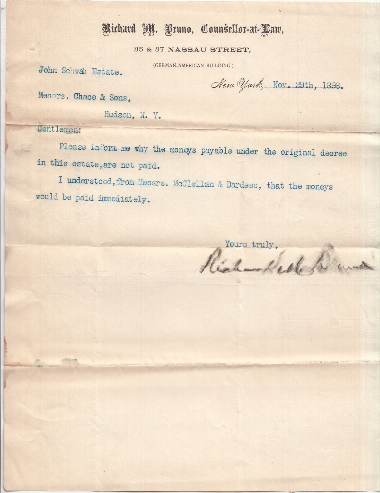 1898 Richard M Bruno Nassau St 35-37 German American Building to Hudson NY 1898 Richard M Bruno Nassau St 35-37 German American Building to Hudson NY