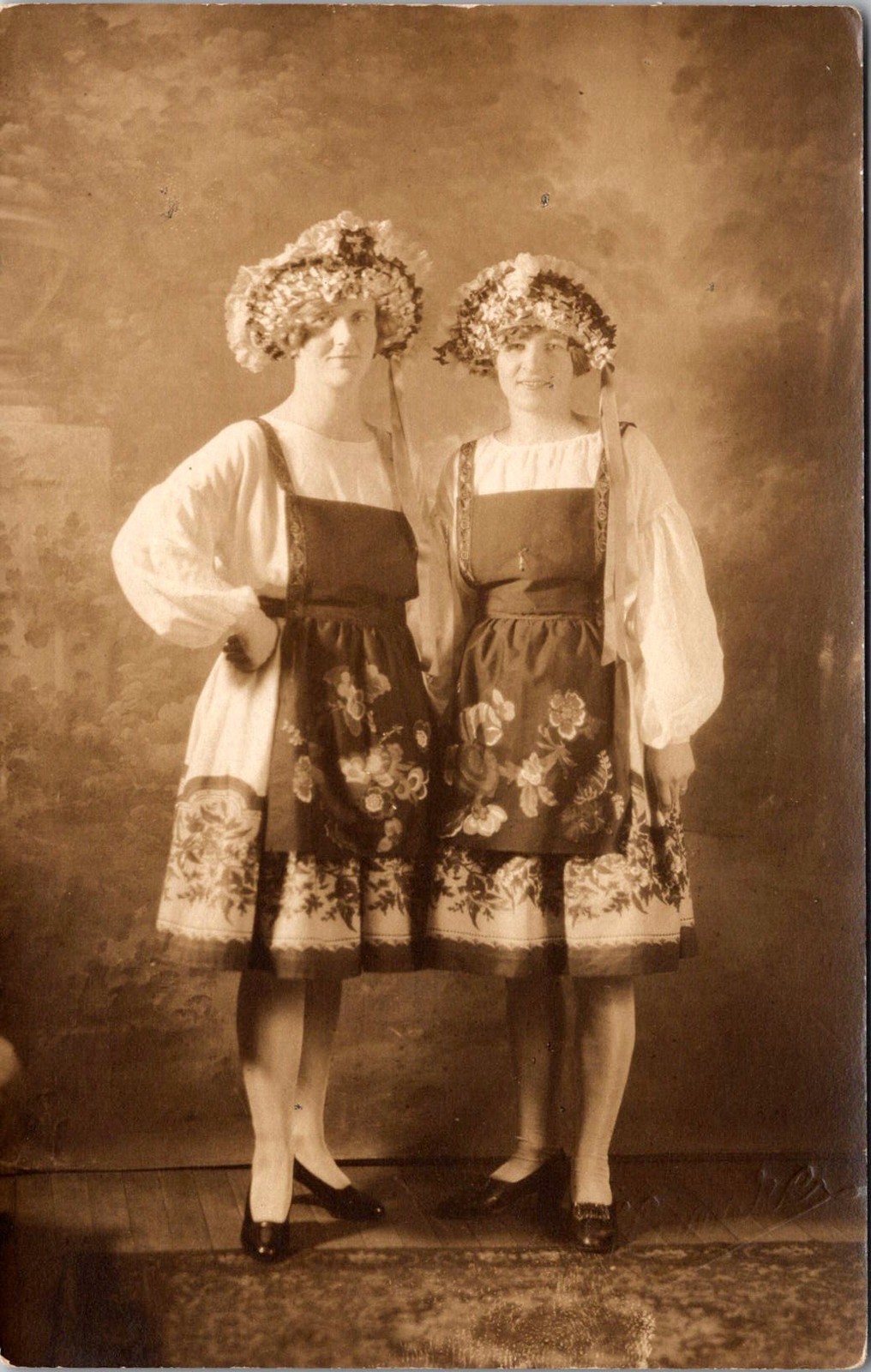RPPC Two Women in Floral Folk Costumes Vintage Postcard 4P24-28