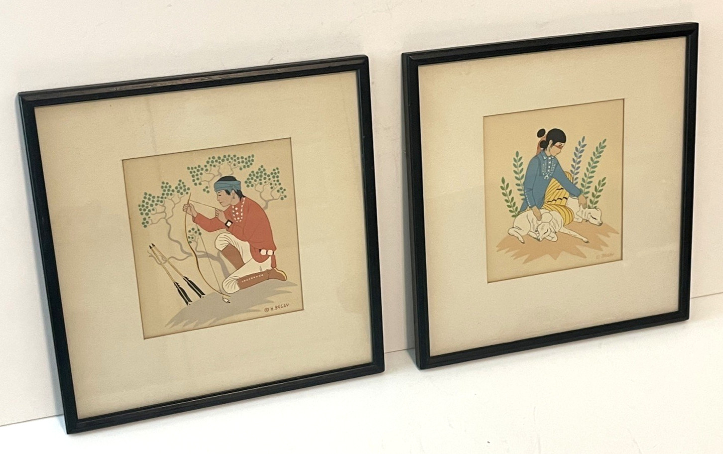 Pair Navajo Artist Harrison Begay 1917  2012 Framed Matted Silkscreen serigraphs