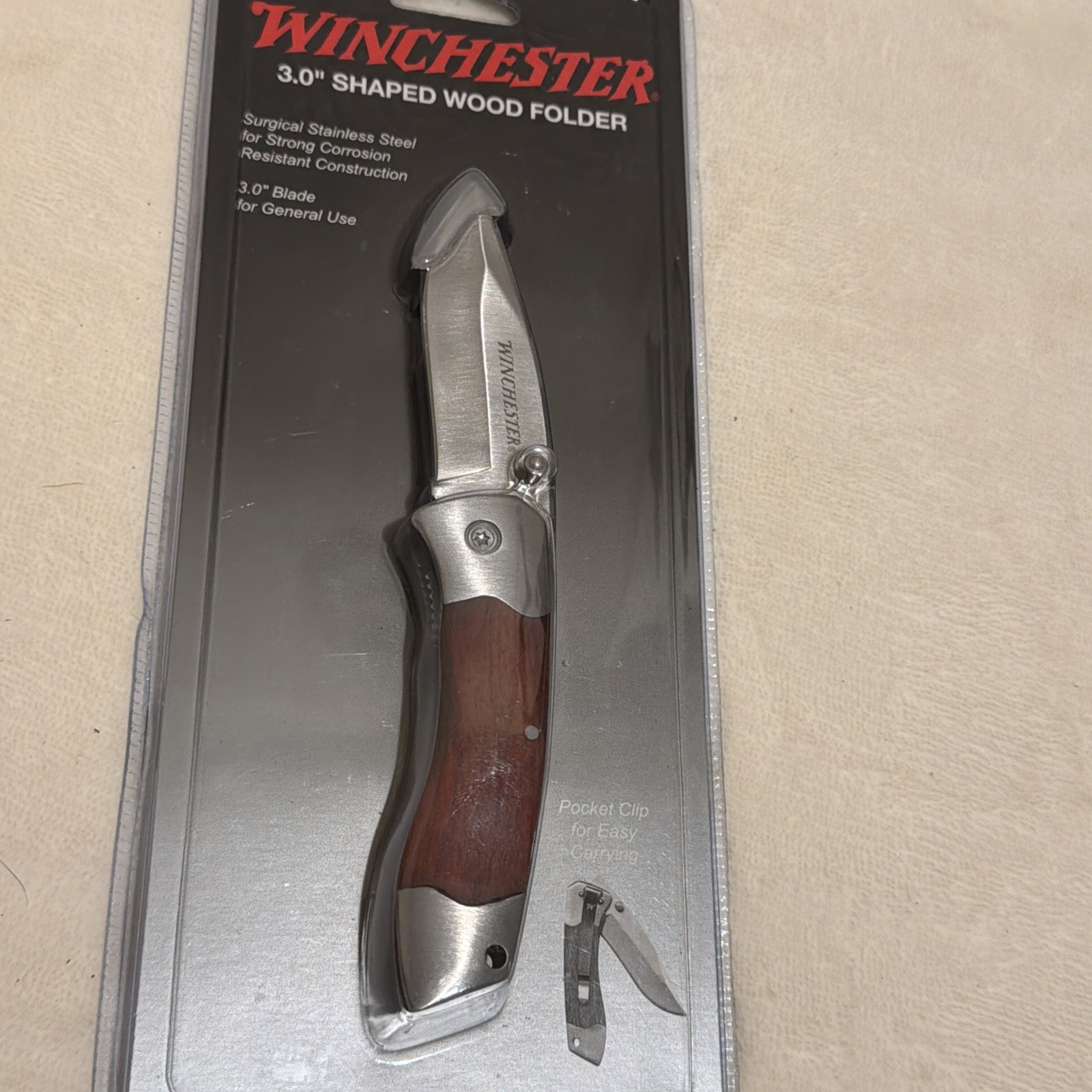 Winchester Stainless Steel Wood Clip Knife Folding Brown Silver 3” Blade NIB