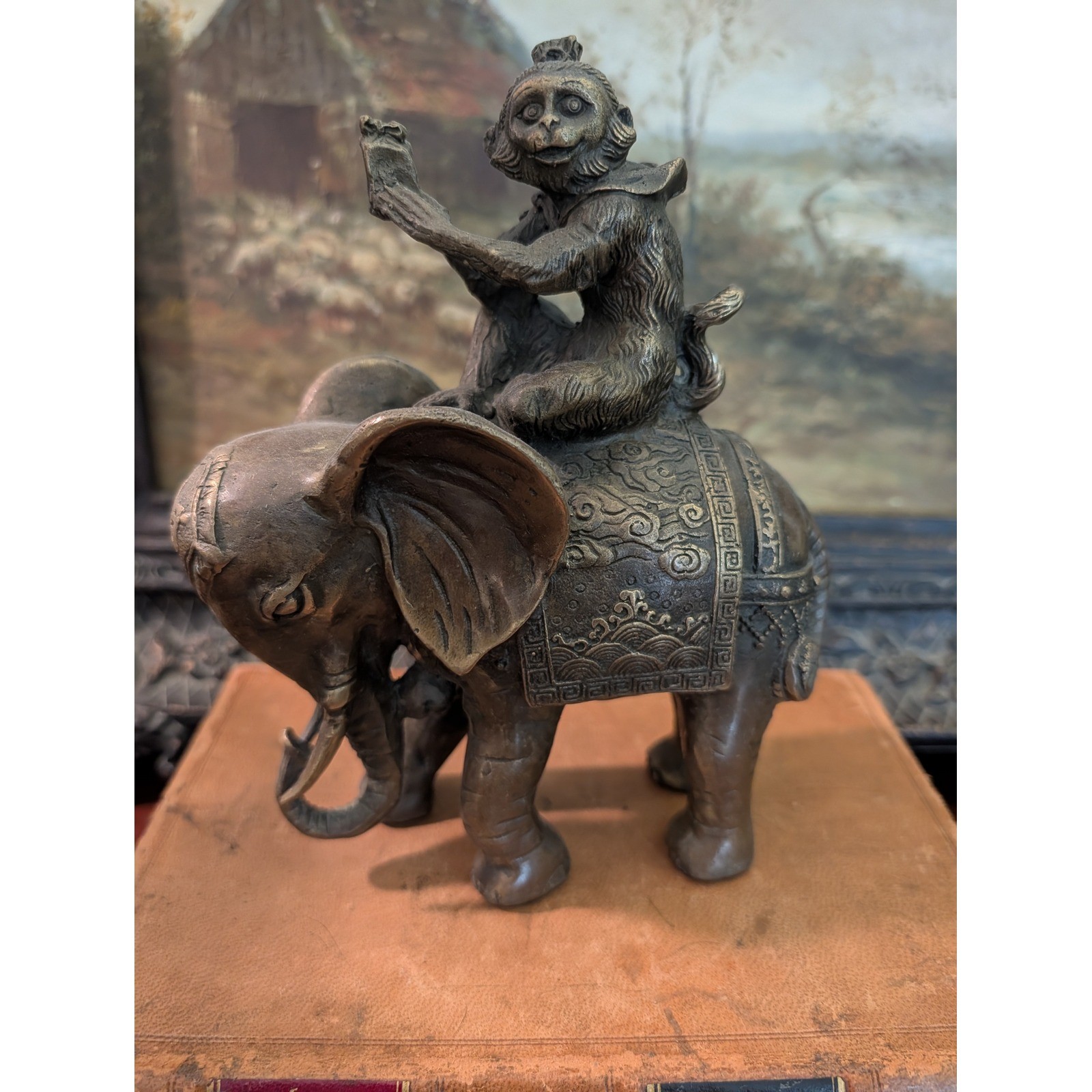 Vintage Bronze Monkey Riding Elephant Figurine Feng Shui Success Symbol 8x5x4