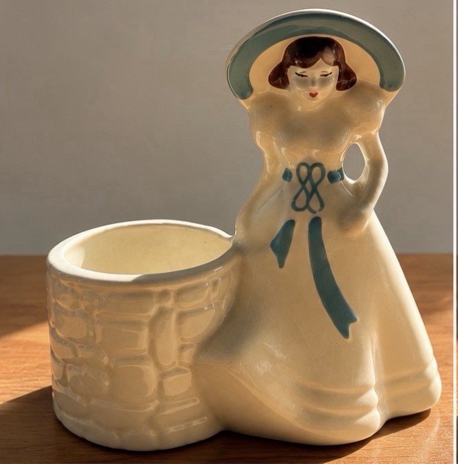 Vintage 1963 Ceramic Lady Planter Figurine Wide Brim Hat Turquoise MCM 5.6”