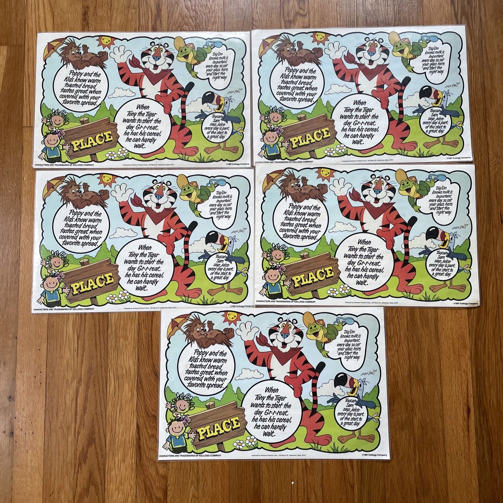 Kellogg's Tony the Tiger USA Map Double Sided Placemat Set of 5 Vintage 1981