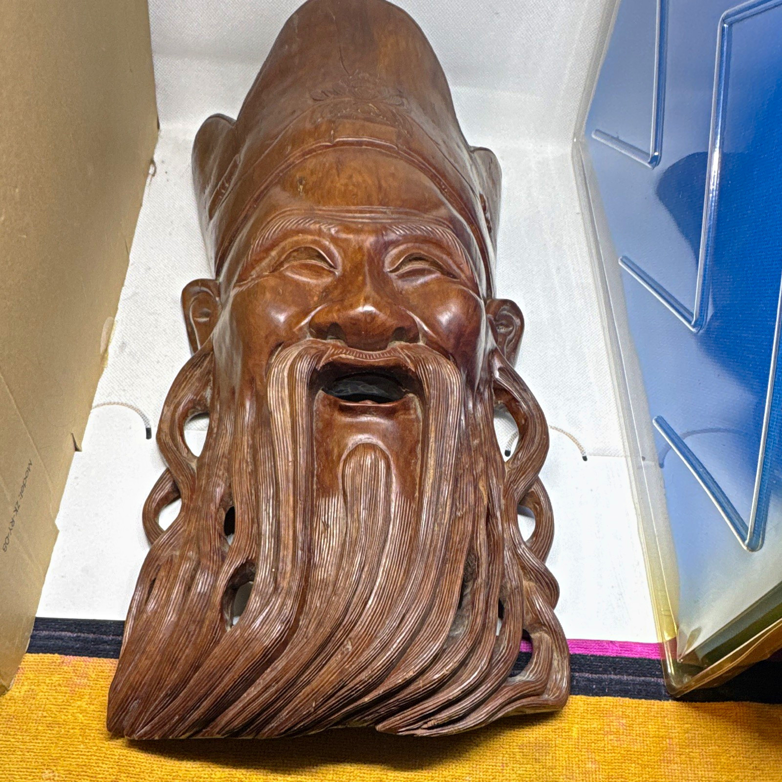 Chinese Handmade Carved Wooden Mask Shou Xing, god of longevity,