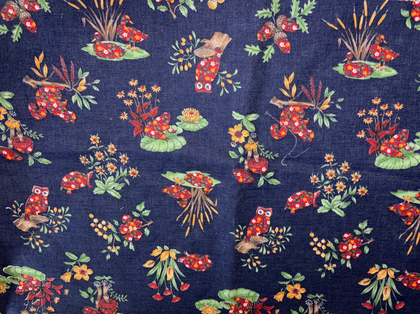 Vtg Retro Concord Calico Fabric~Mushrooms~Frogs~Ducks~Acorns~Owls~1.8 Yd x 45\