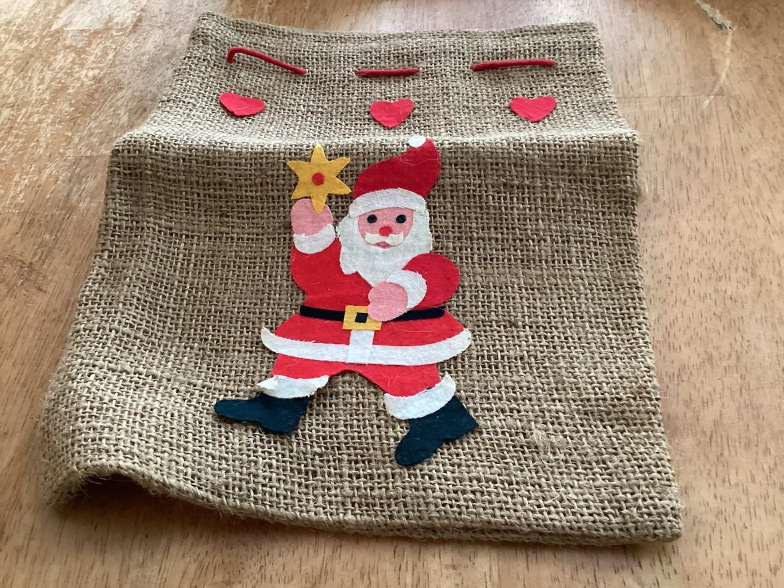 Vintage Burlap Sack Bag, Santa Felt Applique, 12” X 10” Vintage Burlap Sack Bag, Santa Felt Applique, 12” X 10”