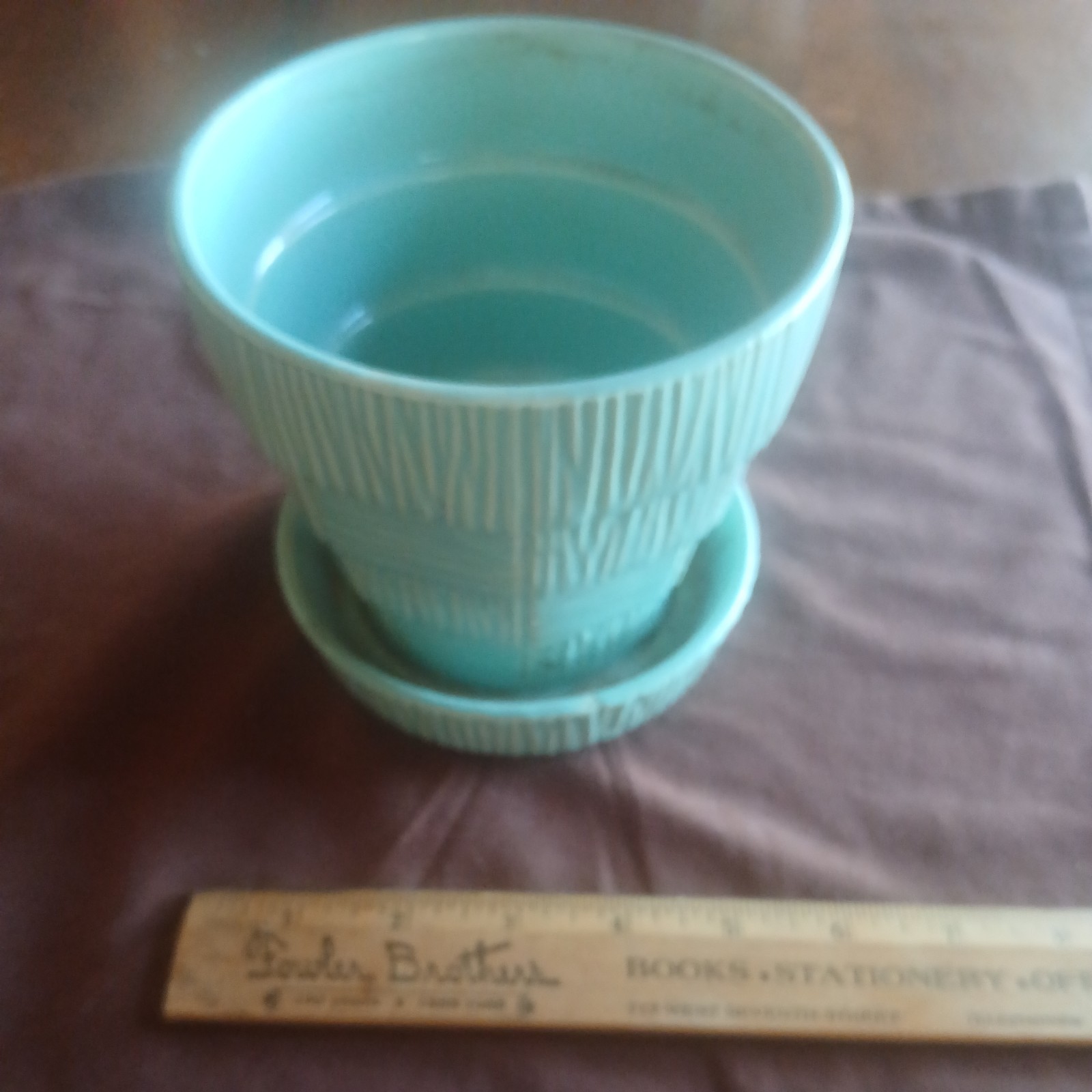 Vintage McCoy 5 inch Aqua Blue Flower Pot Basketweave w/Attached Saucer