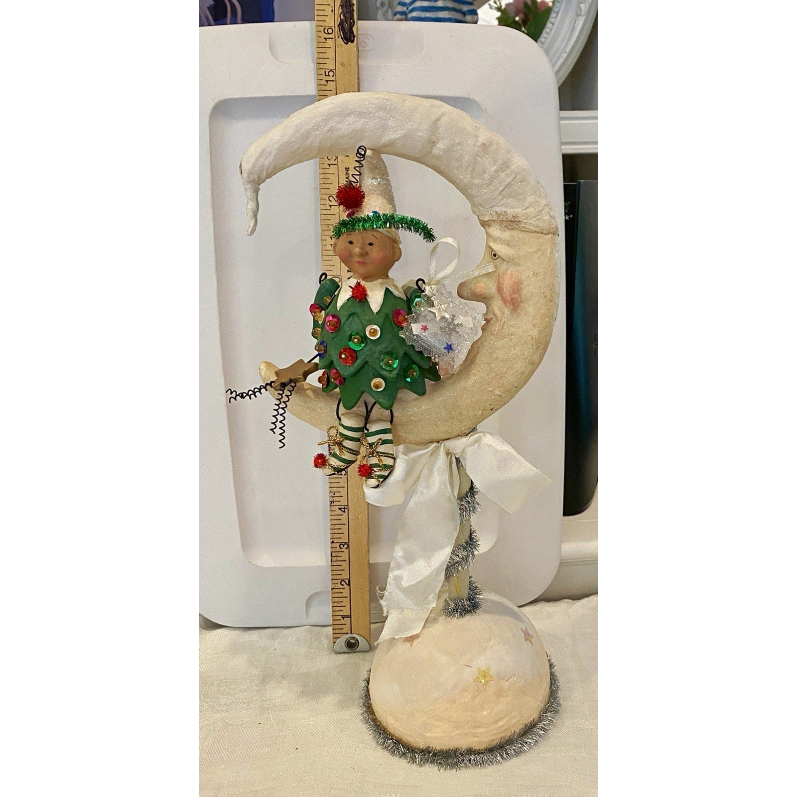 Vintage Larkspur Lane Moon Sitter w/ Hanging Elf, Tree 13in Resin Glitter