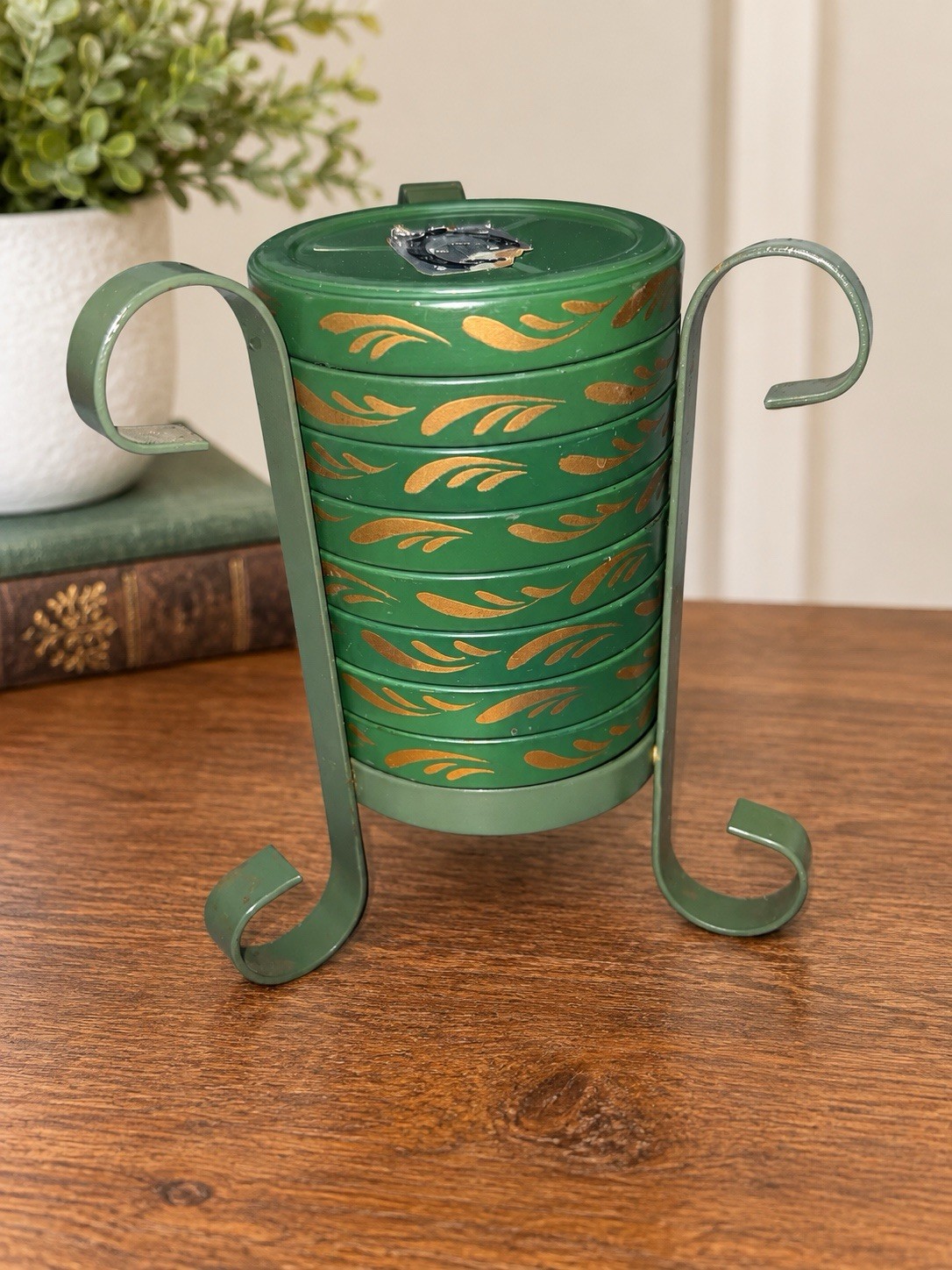 Vintage Nashco Set of 8 Green Gold Metal Coasters with Scroll Stand MCM