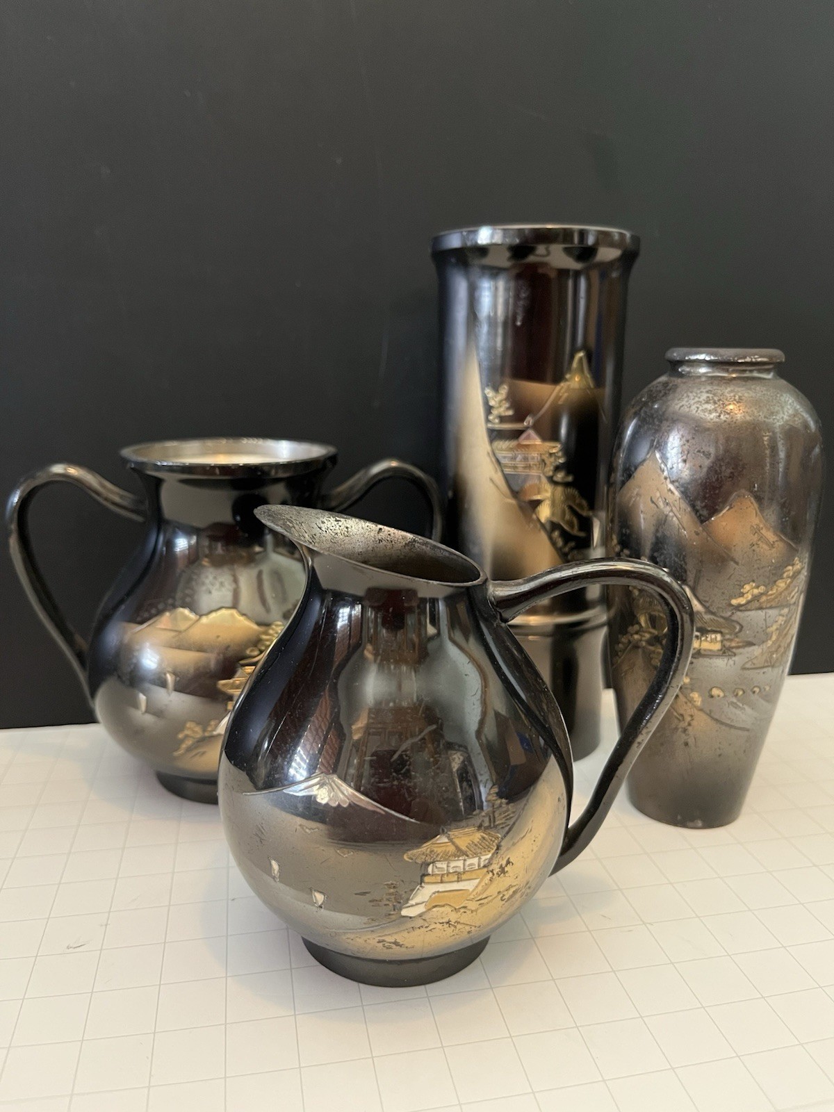 Collection of 4 1960’s Japanese Chokin Mixed Metal Vessels: 2Vases Urn & Creamer