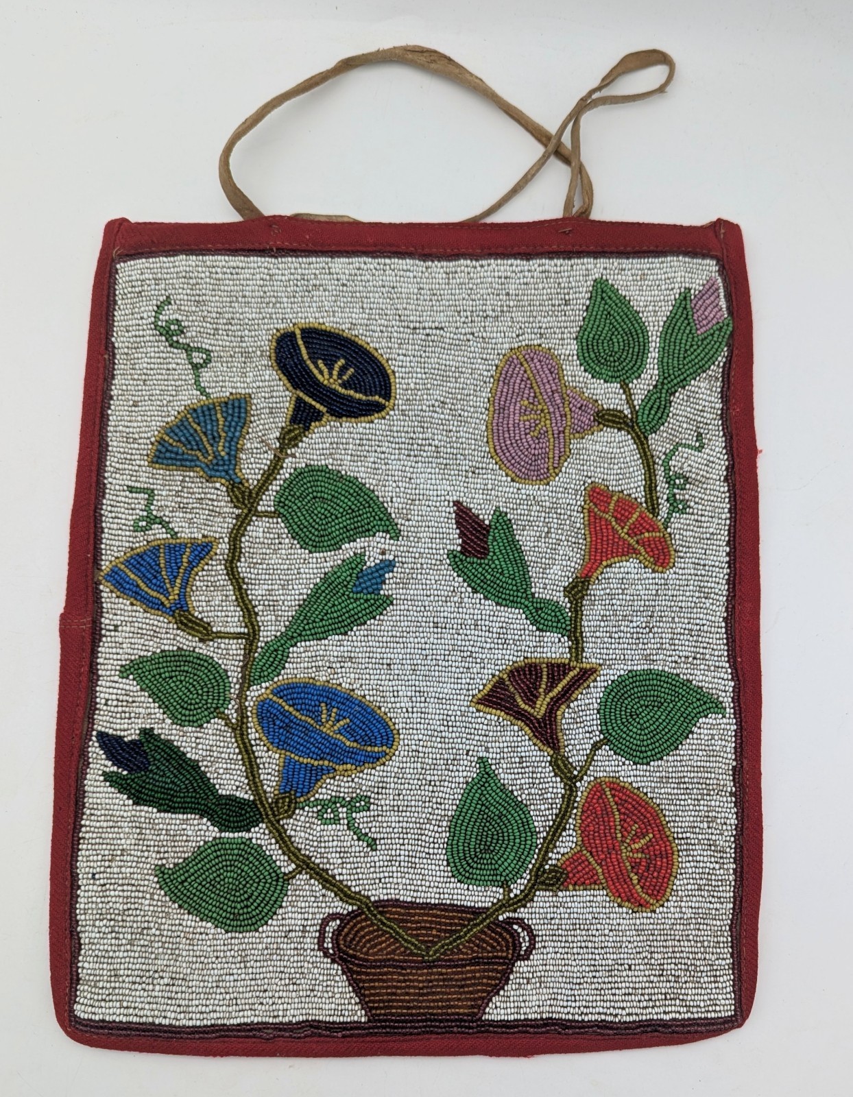 Antique Floral Glass Beaded Bag, Great Lakes / Iroquois Style, c. 1900–1930, 12