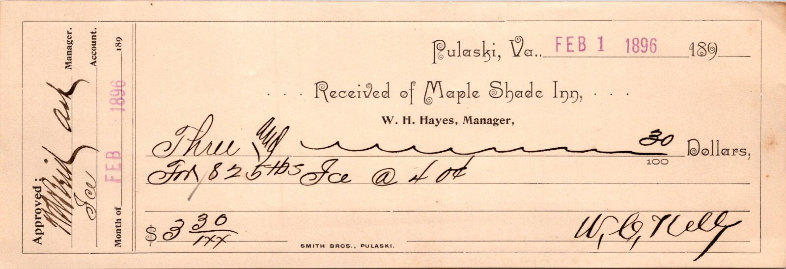 1896 Signed Maple Shade Inn Pulaski W C Kelly Virginia Receipt 1896 5lbs Ice