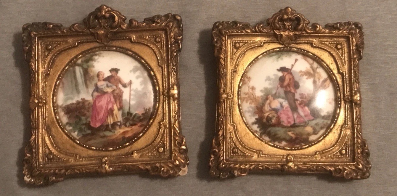 Pair Of Antique Porcelain plaques with courting scenes in gilt Wood frame