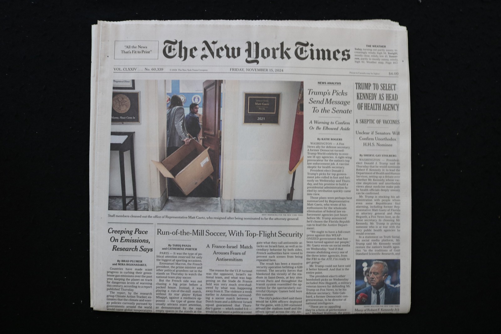 2024 NOVEMBER 15 NEW YORK TIMES-TRUMP TO SELECT KENNEDY AS HEAD OF HEALTH AGENCY