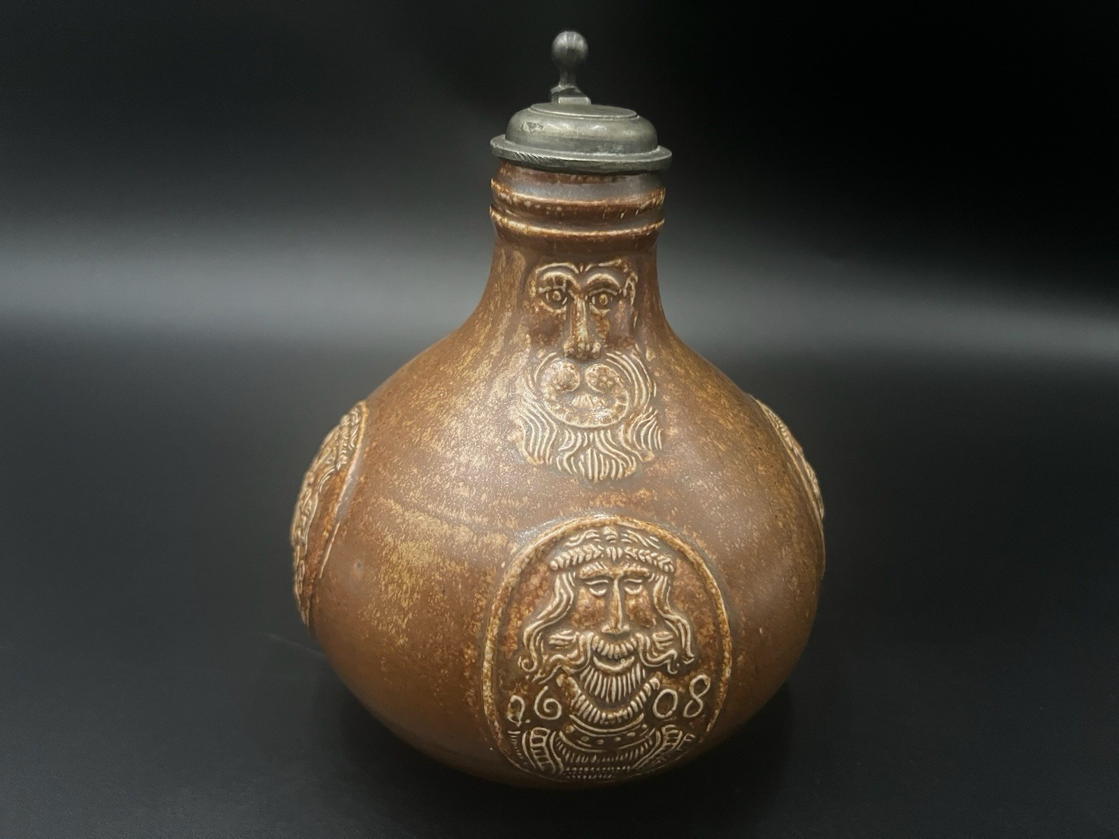 VTG Reinhold Merkelbach German Salt Glaze Jug /Pewter Lid 9.5” Tall Excel Cond VTG Reinhold Merkelbach German Salt Glaze Jug /Pewter Lid 9.5” Tall Excel Cond