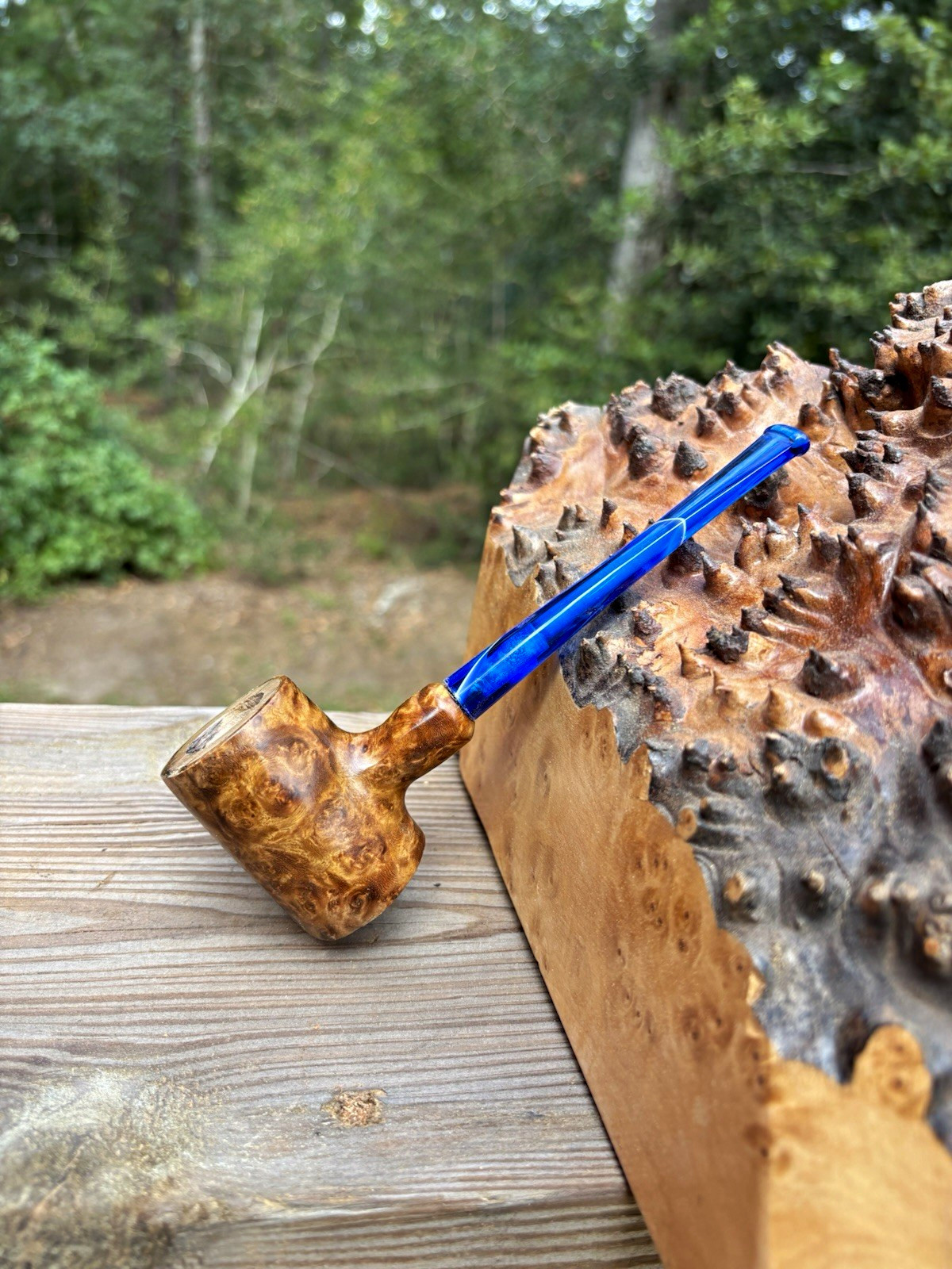 Olive wood chamber Poker pipe with Amboyna burl wood veneer and royal blue stem