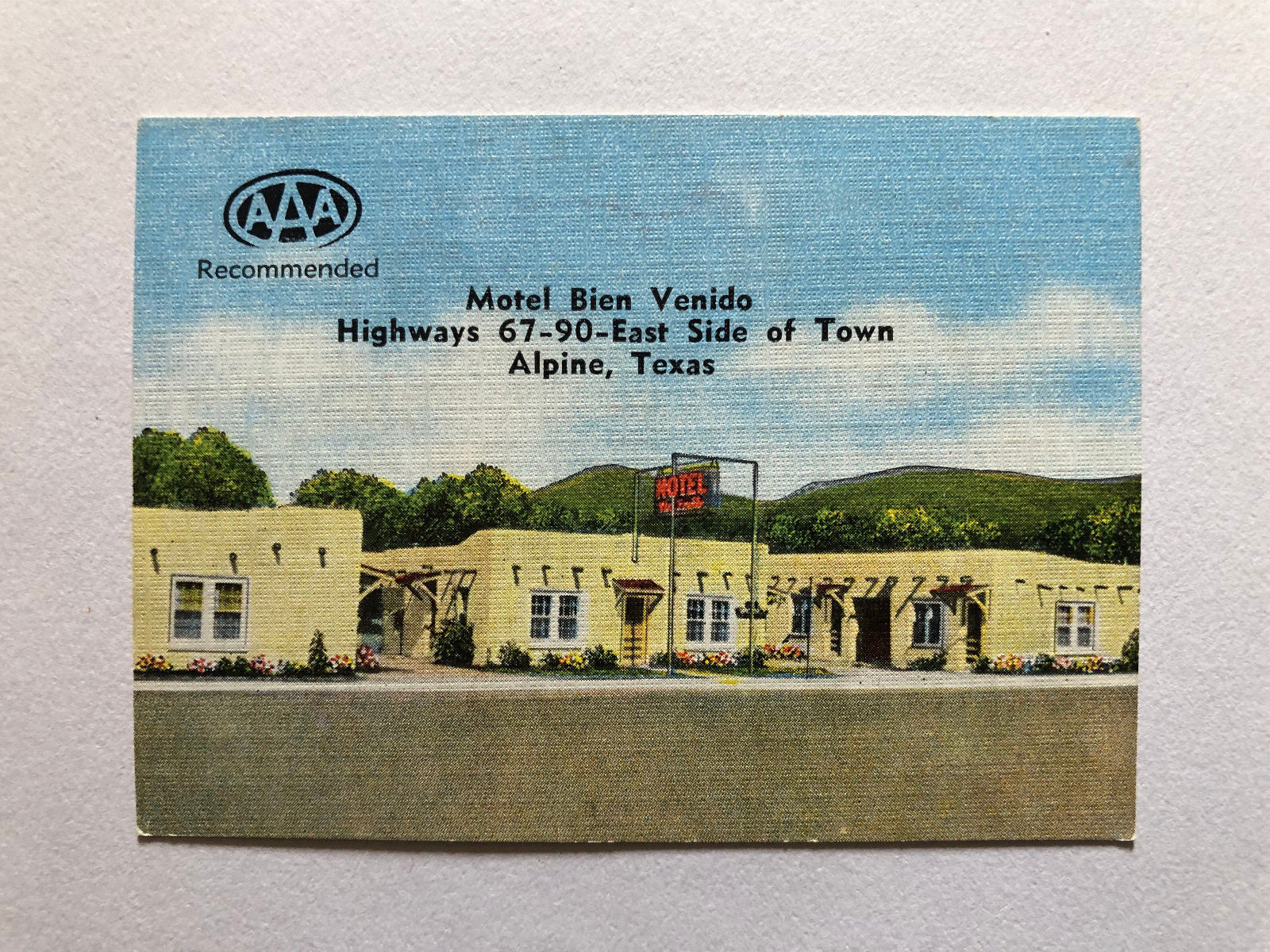 Vintage Alpine Texas Business Card Motel Bien Venido Highway 90 Roadside