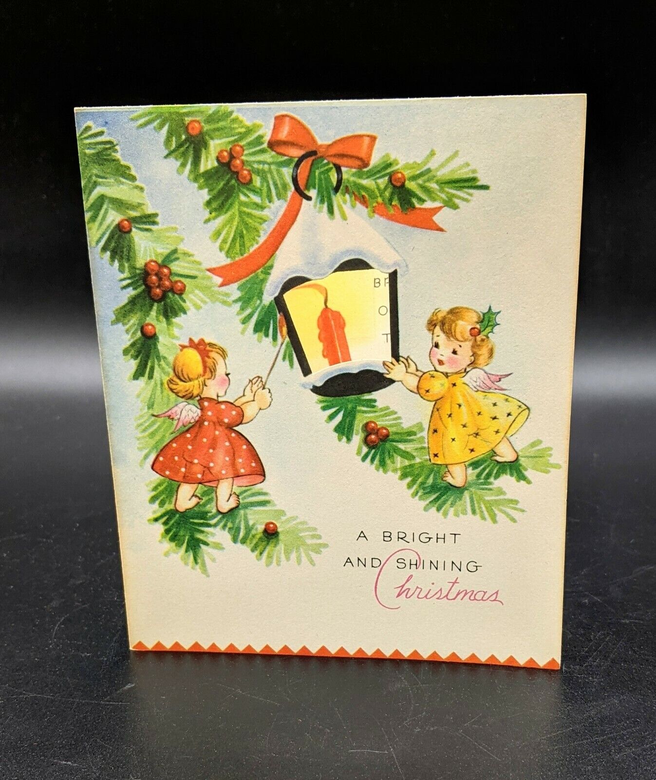 Unsigned Vintage Wallace Brown CUT OUT Greeting Card CHRISTMAS Girls Bright 