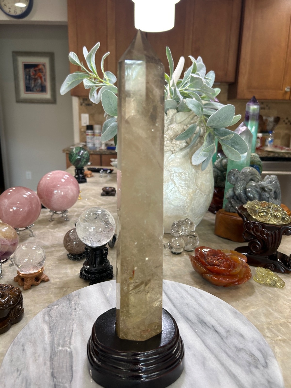 Smoky quartz tower with custom wood stand 12.5” tall