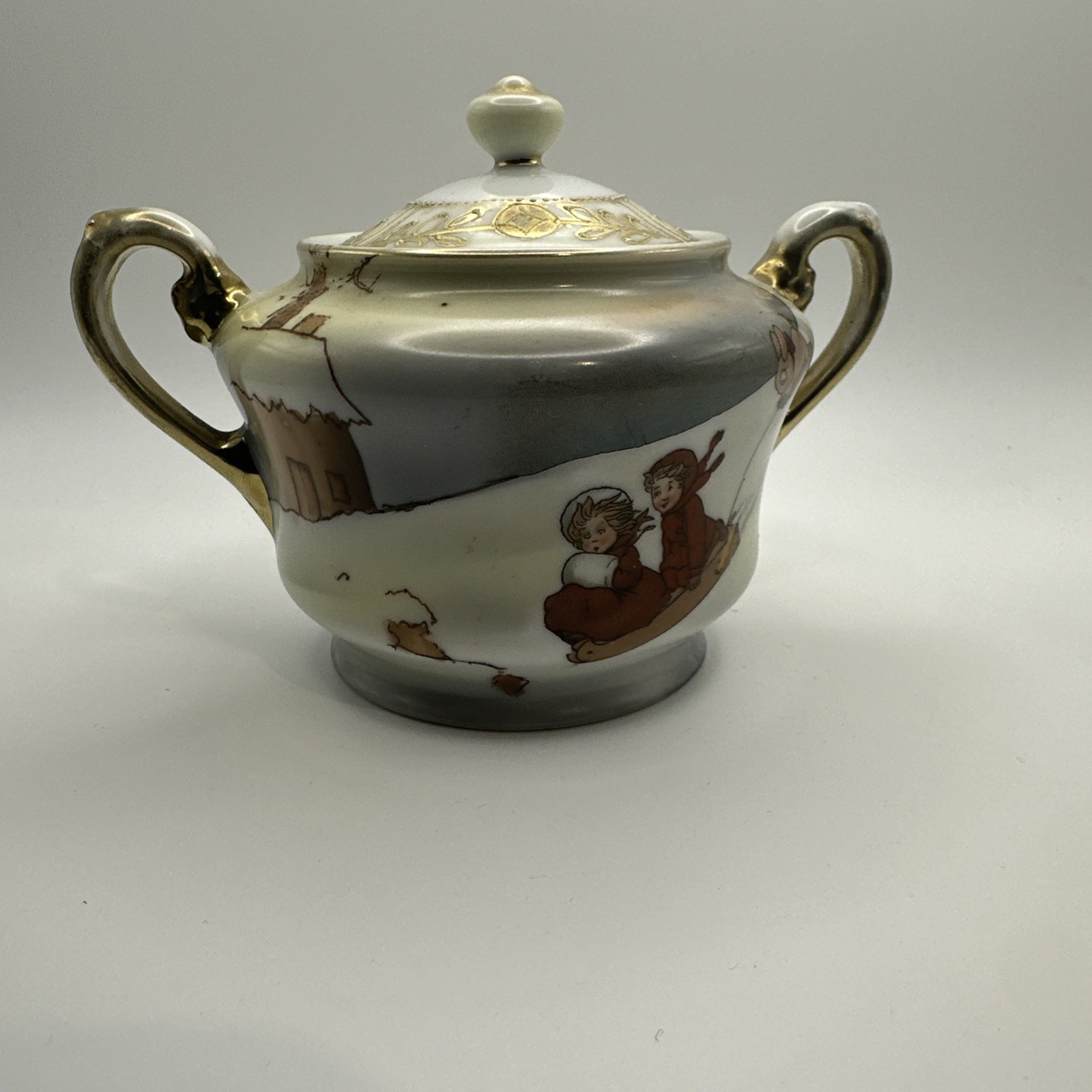 VTG Royal Bayreuth Porcelain Covered Sugar Bowl with Lid Children Sledding Motif