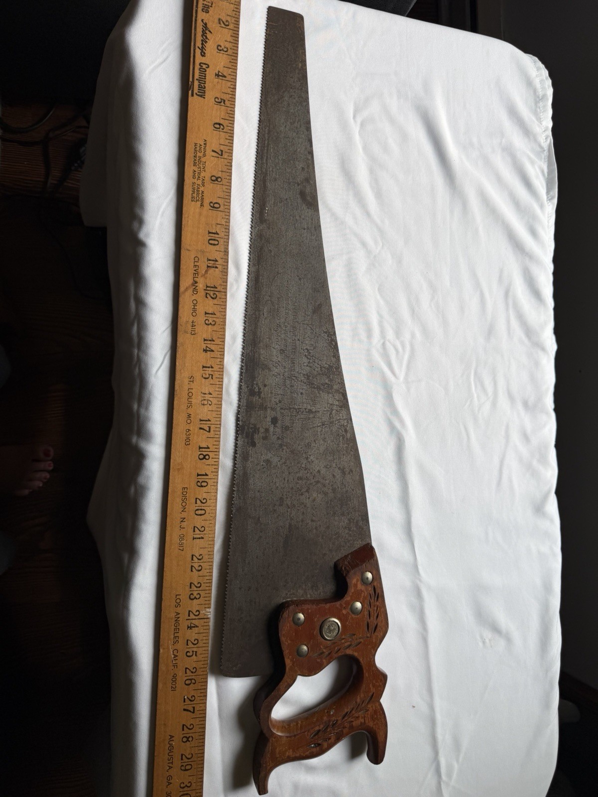 Vintage Warranted Superior Hand Rip Saw 26” Blade With Engraved Blade