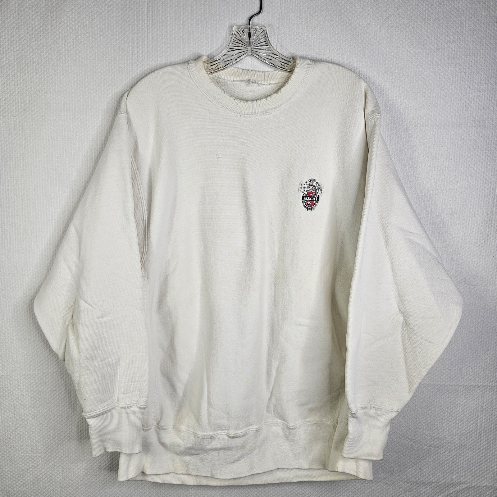 VTG Beck\'s German Beer Thrashed White Embroidered Logo Pullover Sweatshirt XL