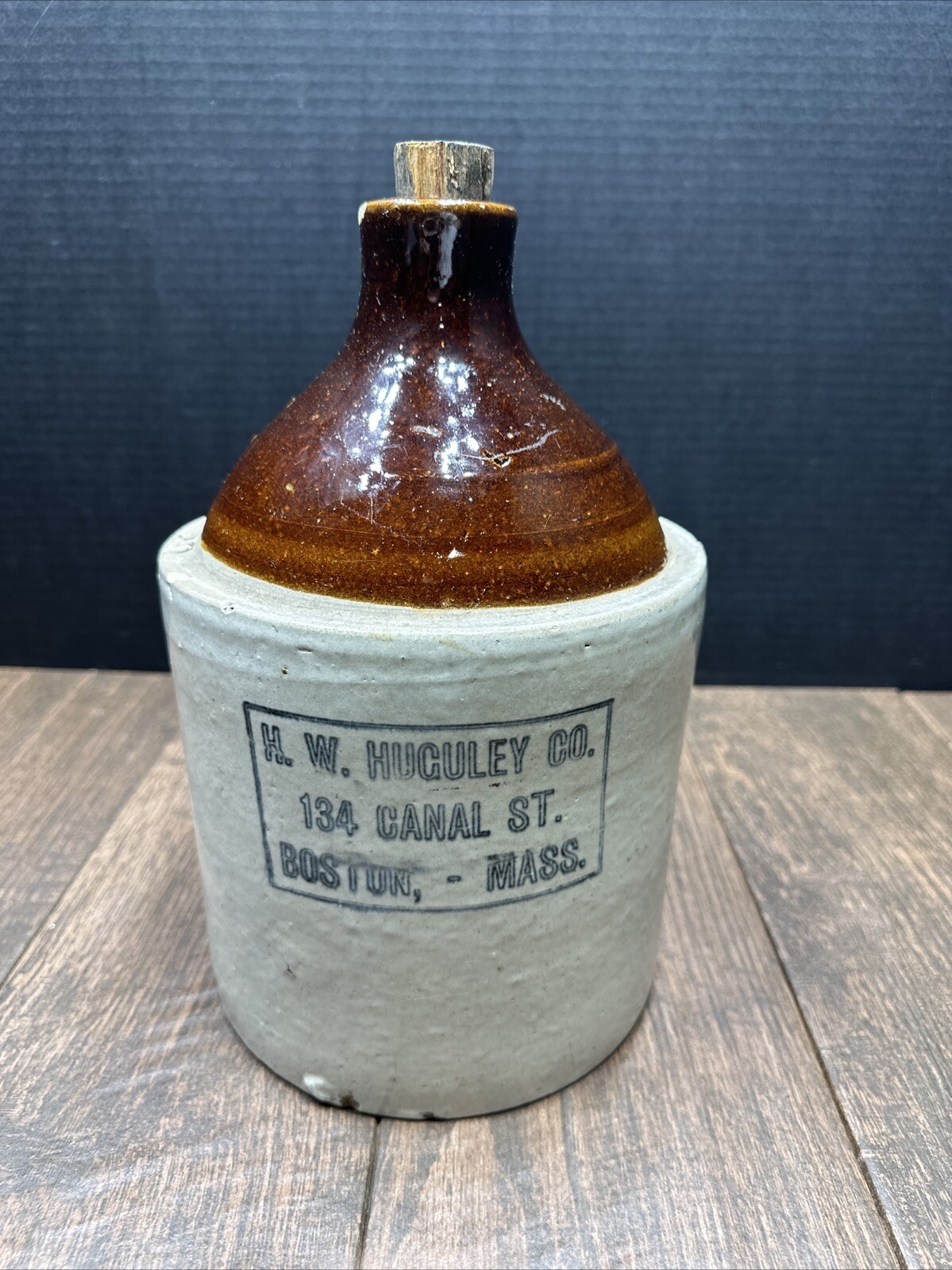 Vintage Stoneware H.W HUGULEY CO JUG 134 CANAL STREET BOSTON MASS  