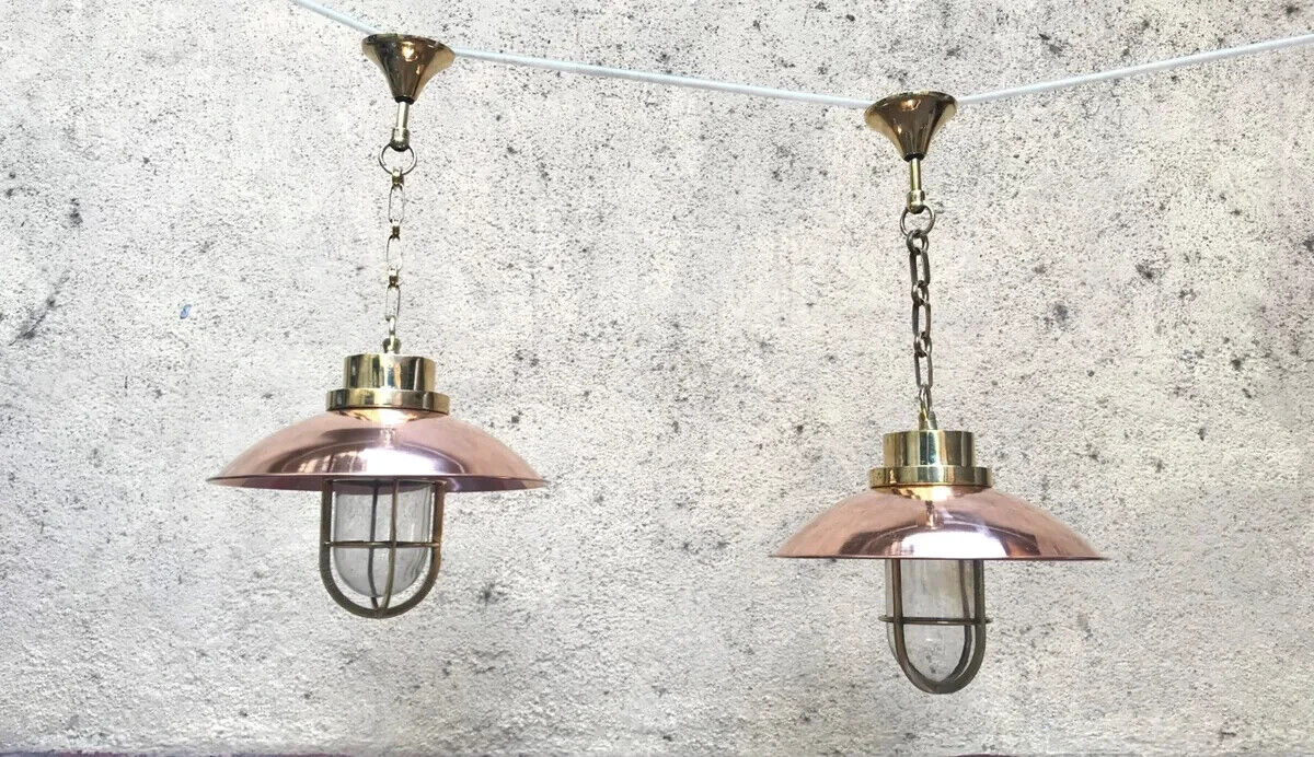 Nautical Antique Hanging Bulkhead Brass Light With Copper Shade 2 Pcs