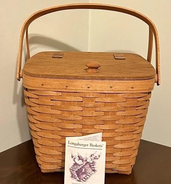VTG 1992 Longaberger Gourmet Picnic Basket Leather Strap Hinge Lid & Protector