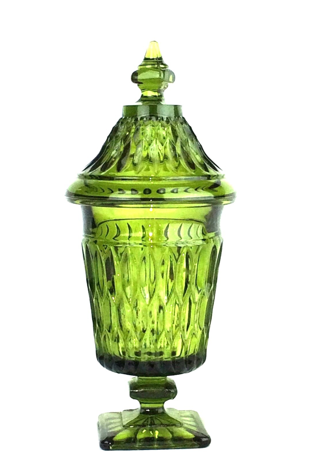 Indiana Glass Green Footed Lidded Candy Dish Hex Optic Midcentury 9.75 x 4\