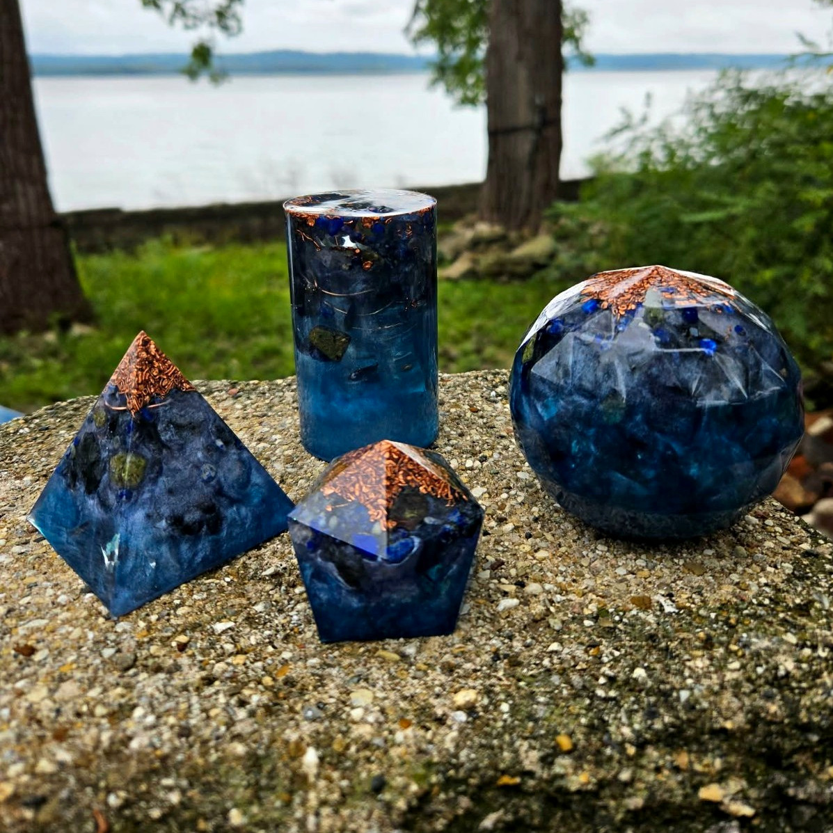 Handmade orgone energy resin 4pc set blue copper pyramid sphere cylinder art
