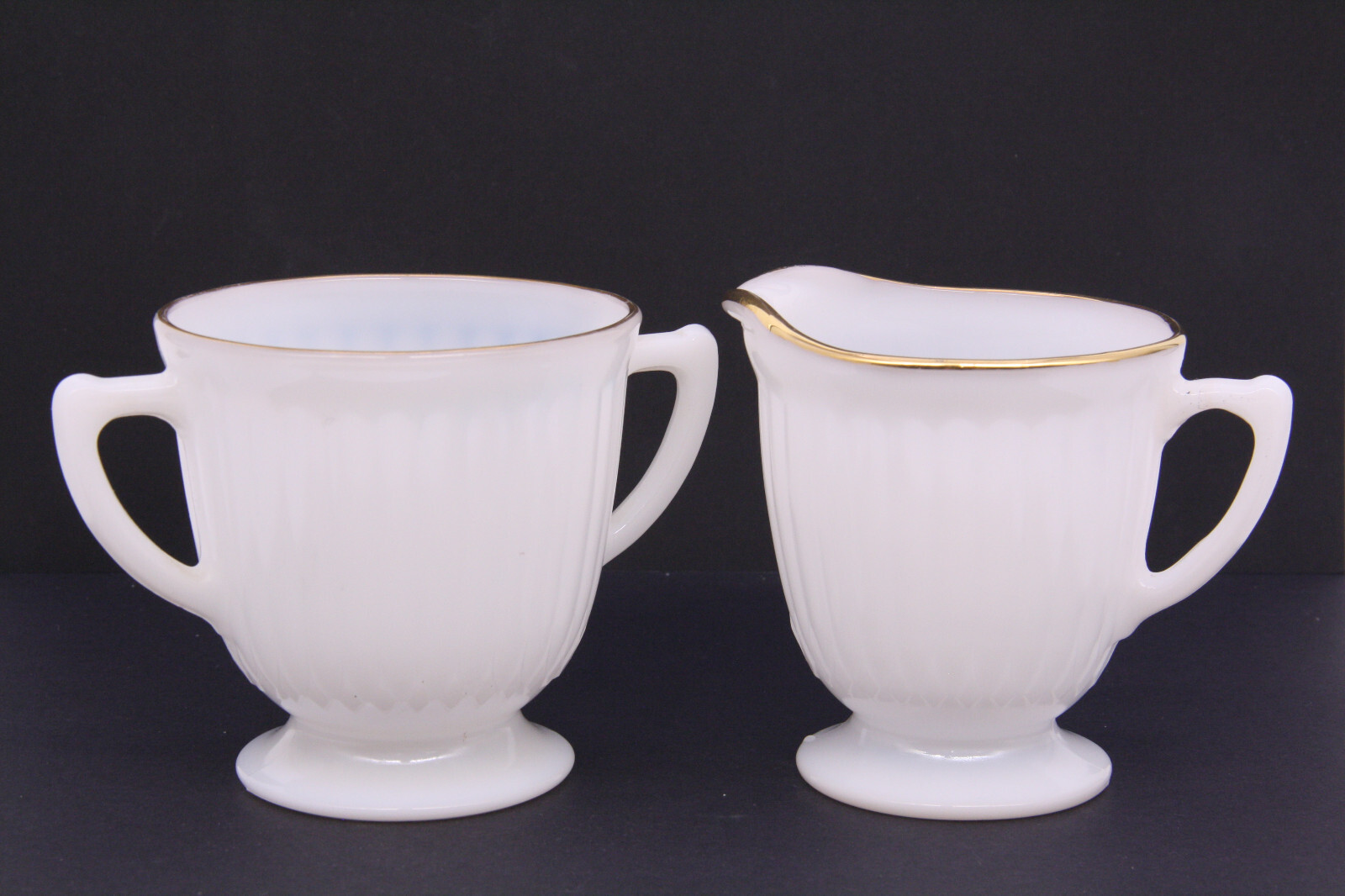 Petalware Cremax Creamer and Sugar Set Gold Trim Depression Glass Macbeth Evans
