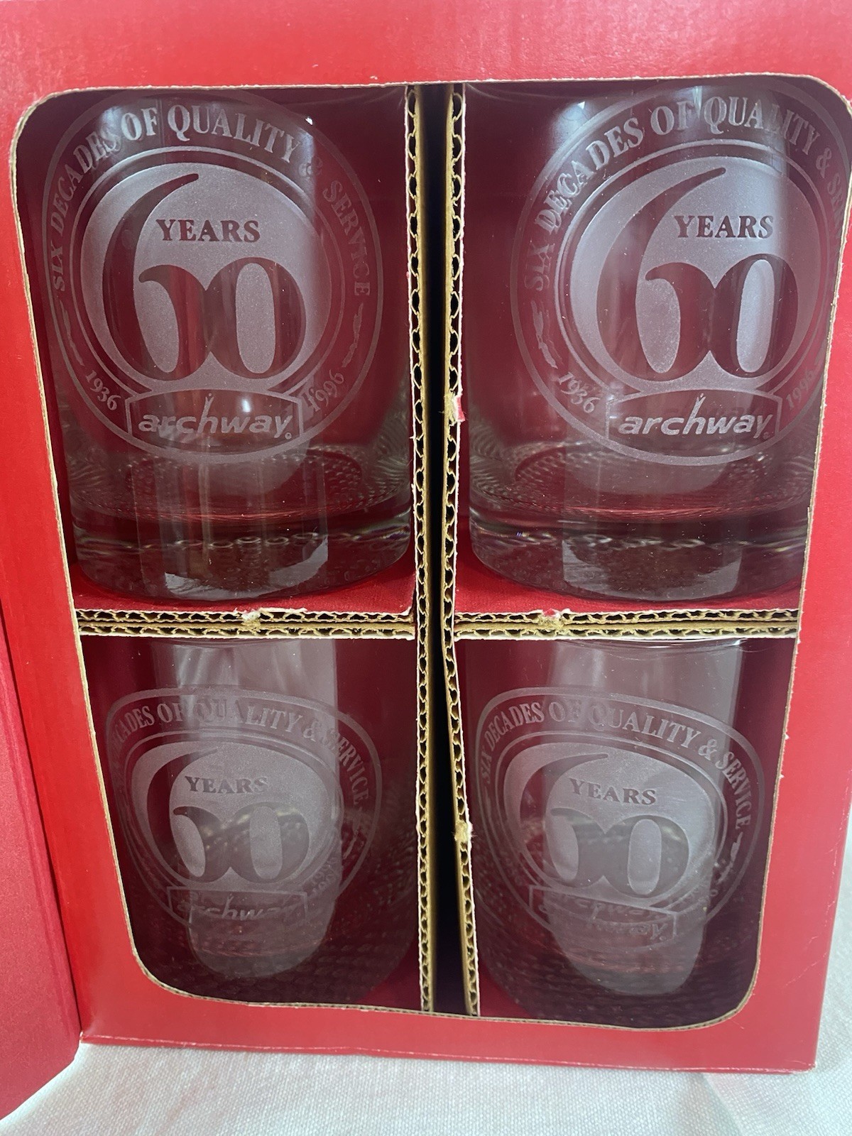 4 Vintage Archway Cookies Glasses 60th Anniversary with Box NIB