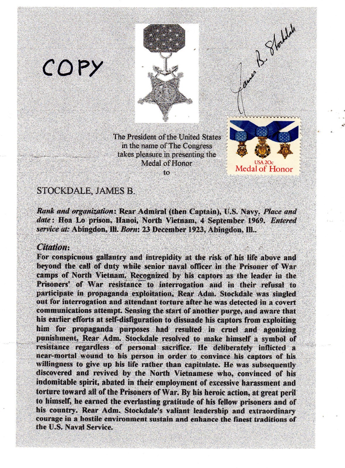 Admiral James Stockdale MOH signed citation  copy &  facsimile POW Vietnam War