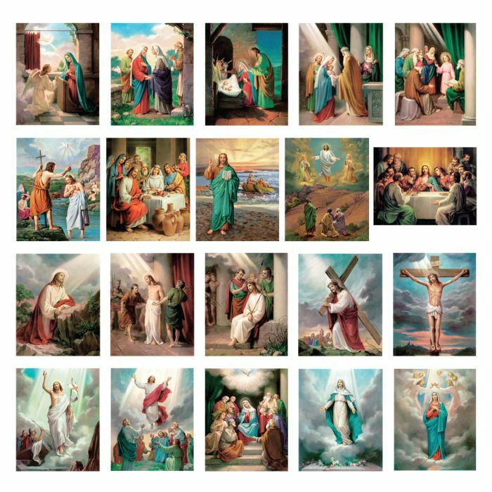 20 Mysteries of the Rosary 8x10 Inch Poster set, 20 LAMINATED Pictures Included