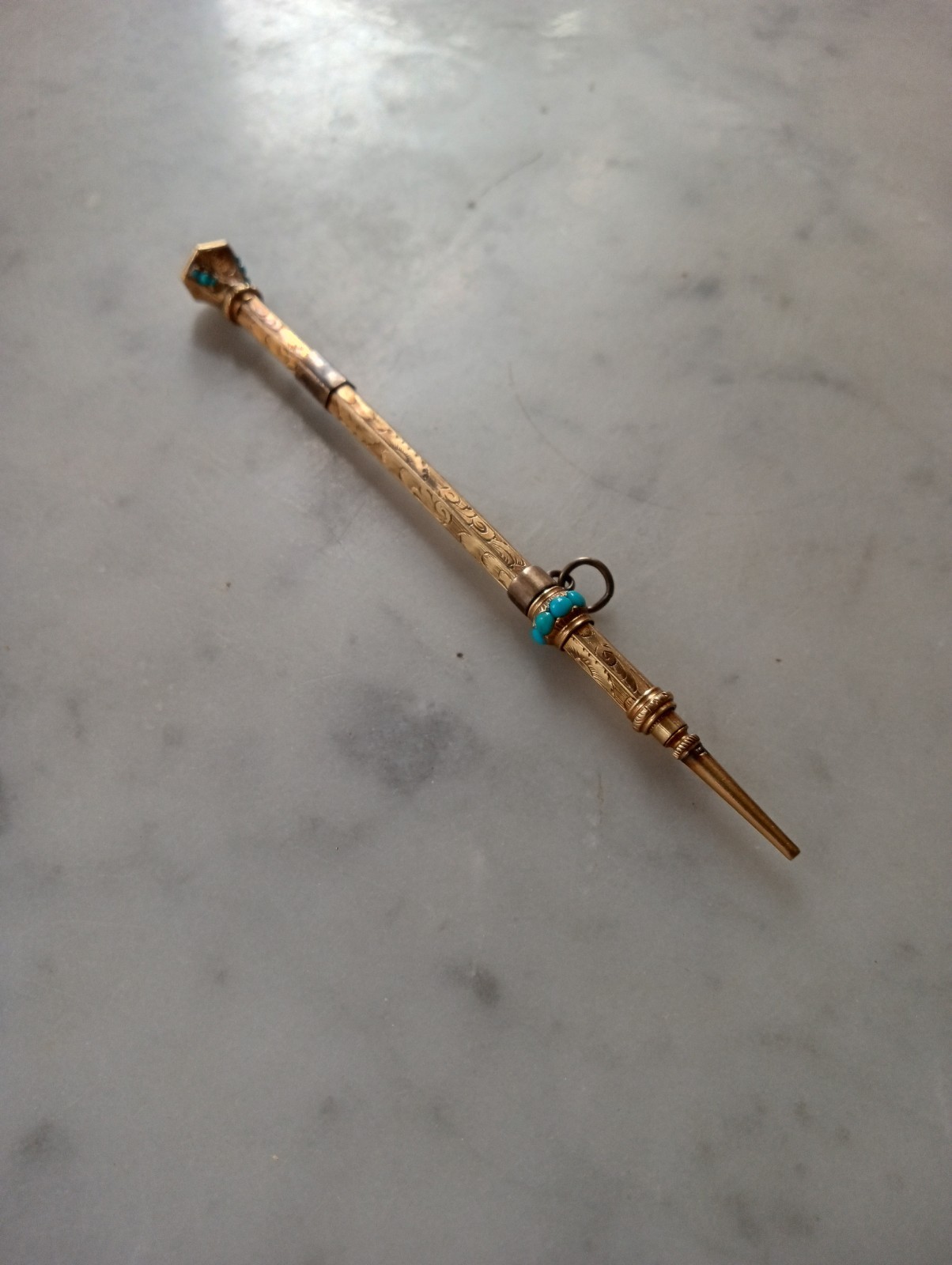 Antique 1800's Gold Mechanical Pencil Turquoise Jeweled Victorian Jewelry 