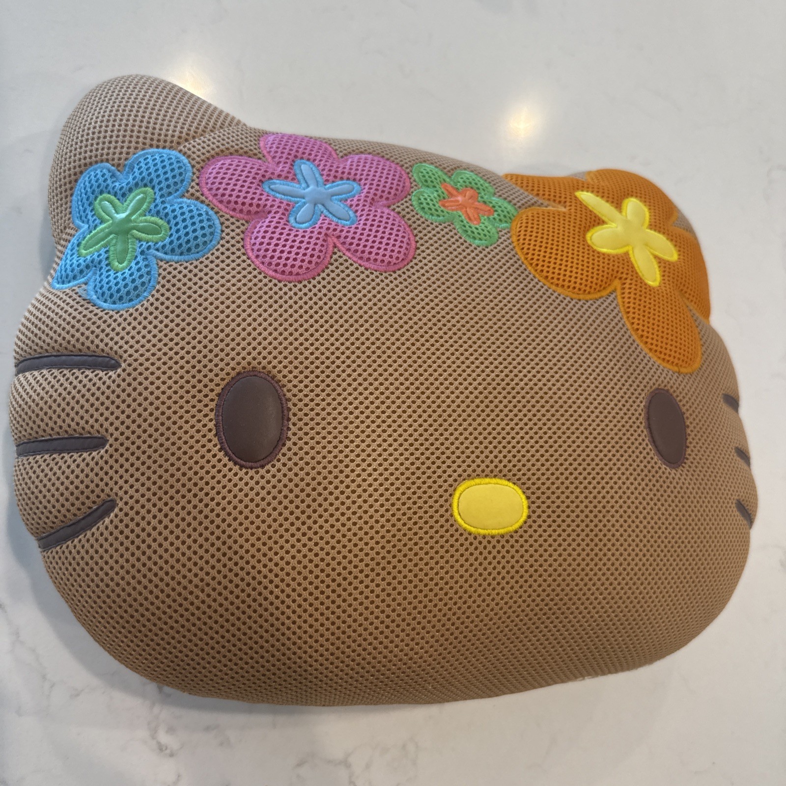 Y2K VTG Rare Sanrio Hello Kitty Hawaiian Hibiscus Tan Face Plush Mesh Pillow