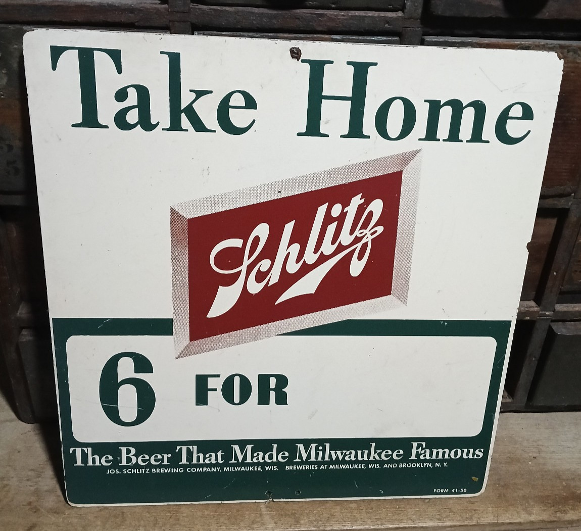 VINTAGE SCHLITZ BEER SIGN BAR STORE SIGN 1940\'S MILWAUKEE BEER AD DOUBLE SIDED