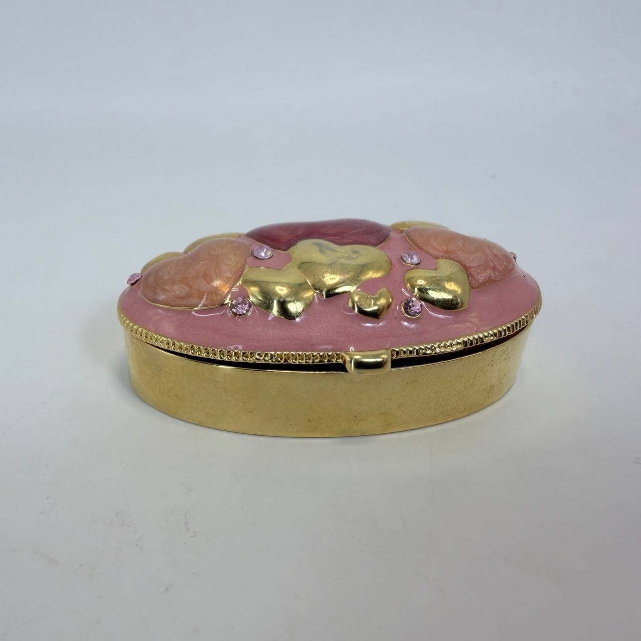 Vintage Pink Enamel Heart Trinket Box Gold Tone Rhinestone Hinged Pill Case Vintage Pink Enamel Heart Trinket Box Gold Tone Rhinestone Hinged Pill Case
