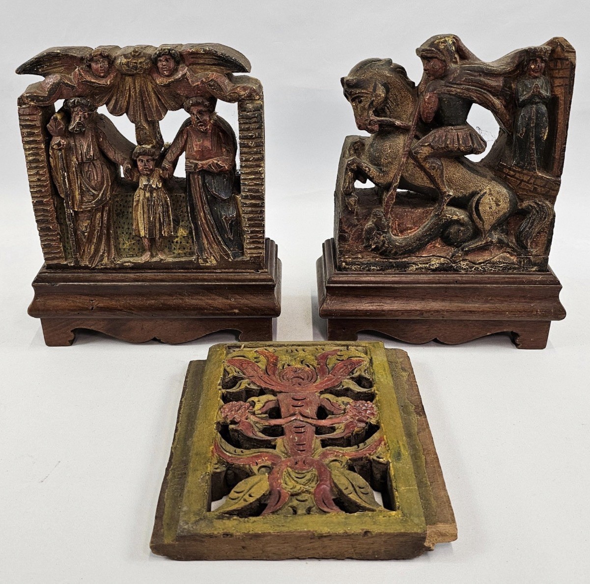 Lot of 3 Antique Carved Polychrome Wood Panels Italian S Giorgio Religious 19c